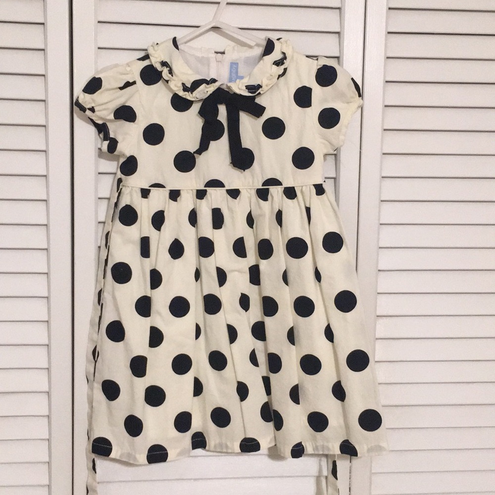Girls cap sleeve off white navy polka dots dress